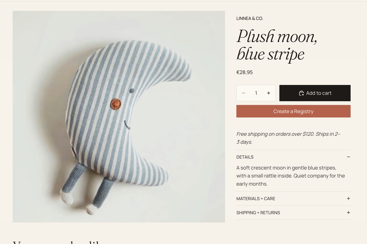 A product page with a Create a Registry button below Add to cart