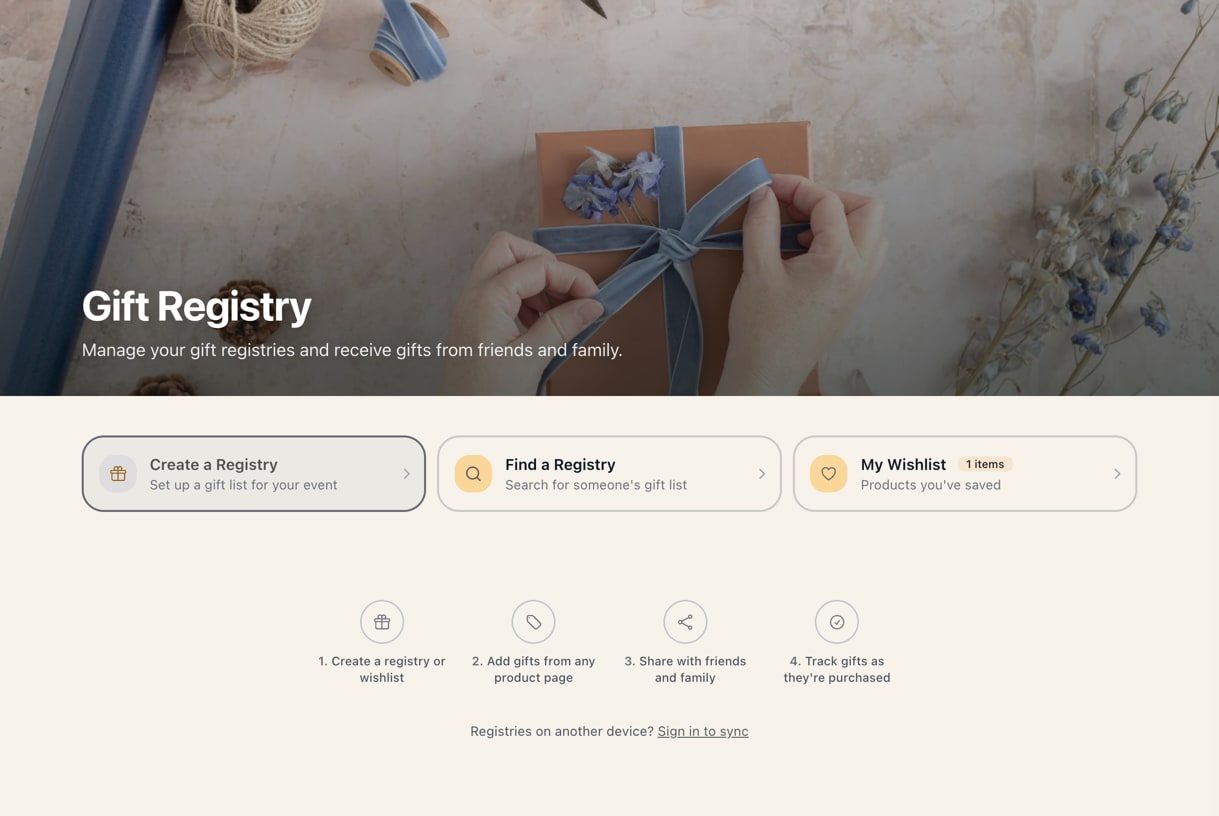 The storefront gift registry page with create, find and wishlist options