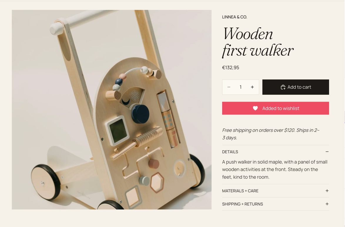 A product page showing the Added to wishlist state